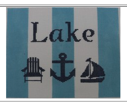 Lake with Adirondack chair, anchor, and sailboat - Blue and White