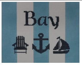 Bay with Adirondack chair, anchor, and sailboat - Blue and White