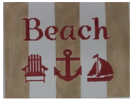 Beach with Adirondack chair, anchor, and sailboat - Red, Khaki, White