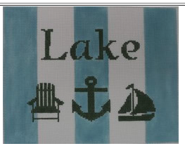 Lake with Adirondack chair, anchor, and sailboat - Green, Pale Blue, White