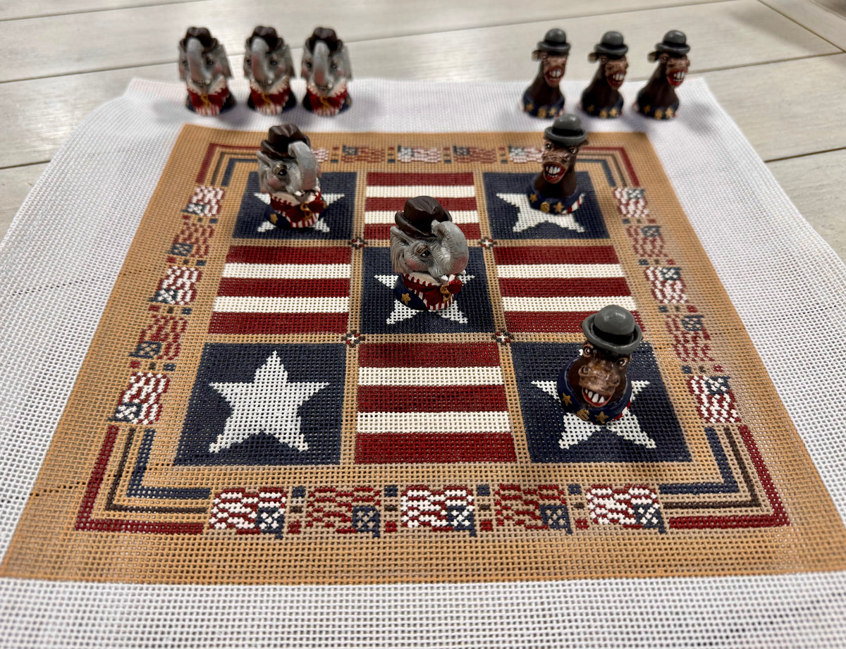 Stars & Stripes Forever Tic Tac Toe Board with Hand Painted Elephant & Donkey Pieces