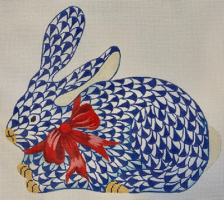 Herend Fishnet Crouching Bunny Blue w/ Red Bow