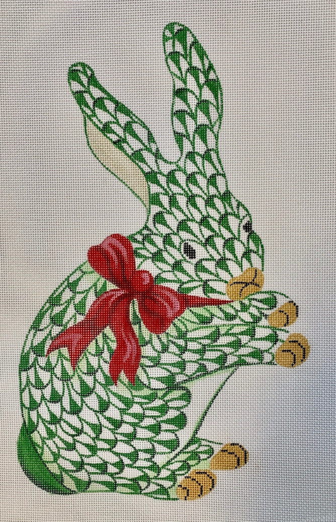 Herend Fishnet Standing Bunny Emerald w/ Red Bow