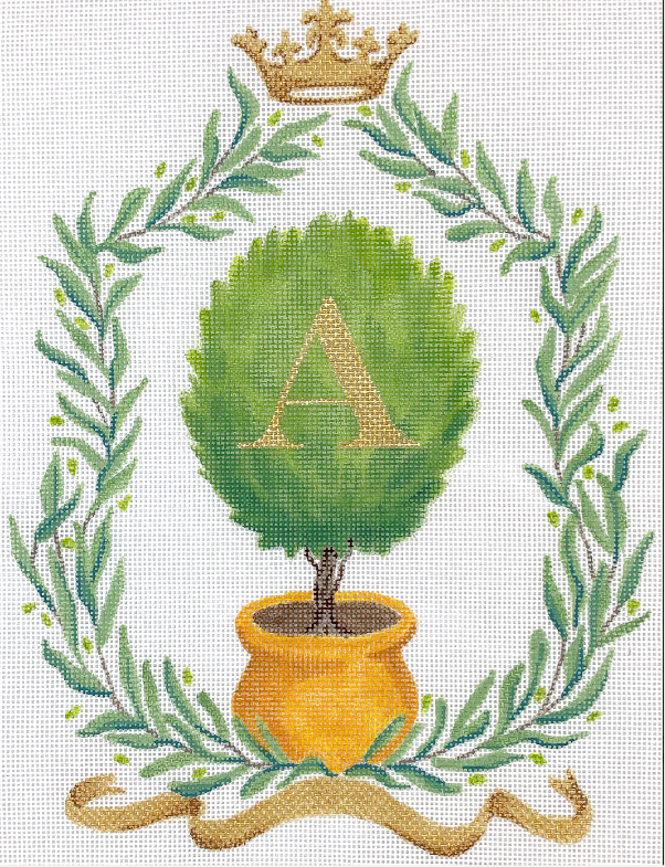 Olive Branches With Olive Topiary Monogram Crest 7.5x10 18M Kate Dickerson Needlepoint Collection