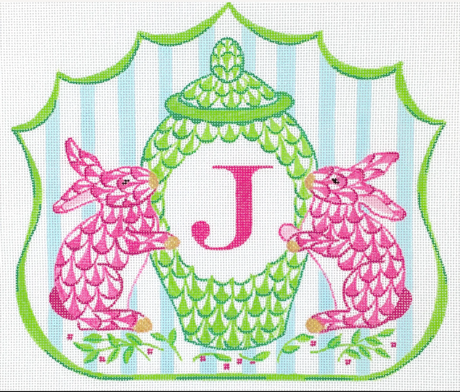 Herend Fishnet Bunnies Monogram Crest