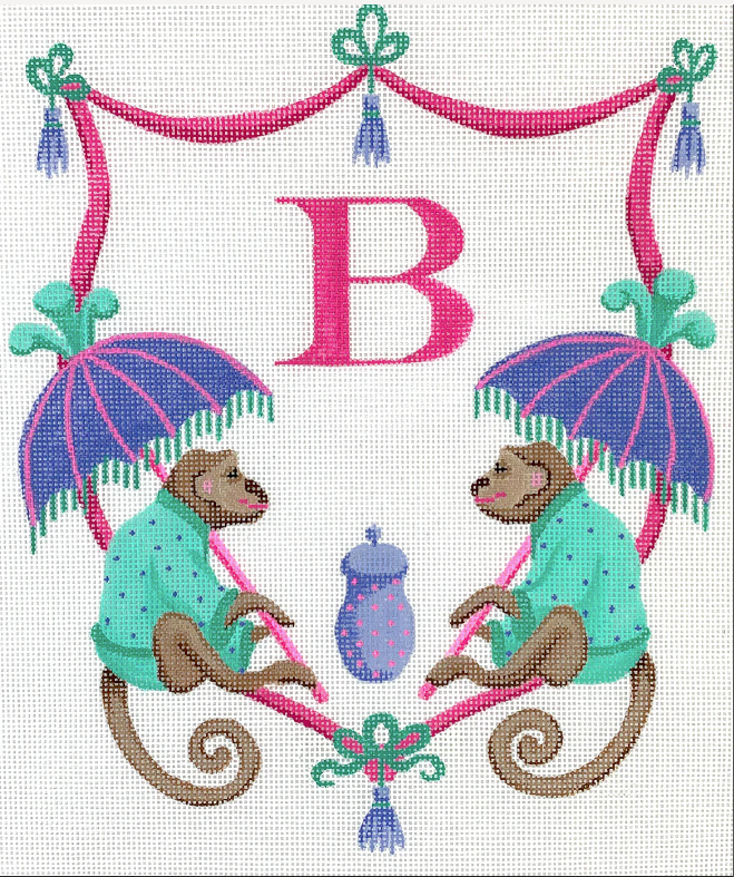 Monkeys With Parasols Monogram Crest 7.75x9.25 18M Kate Dickerson Needlepoint Collection