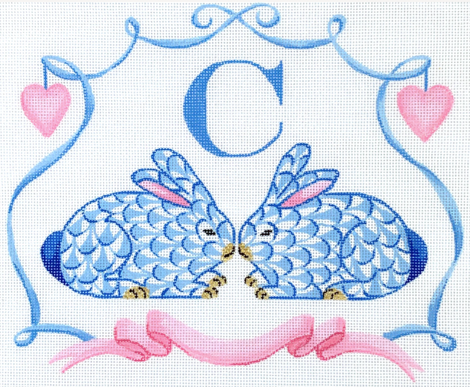 Herend Fishnet Crouching Bunnies w/Hearts Monogram Crest 9x7.25 18M Kate Dickerson Needlepoint Collection