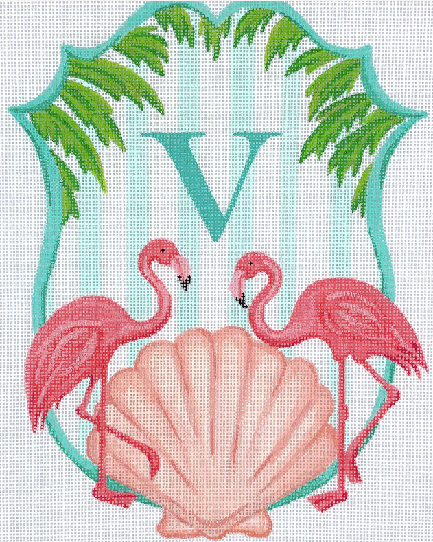 Flamingo Scallop Palm Branches Monogram Crest