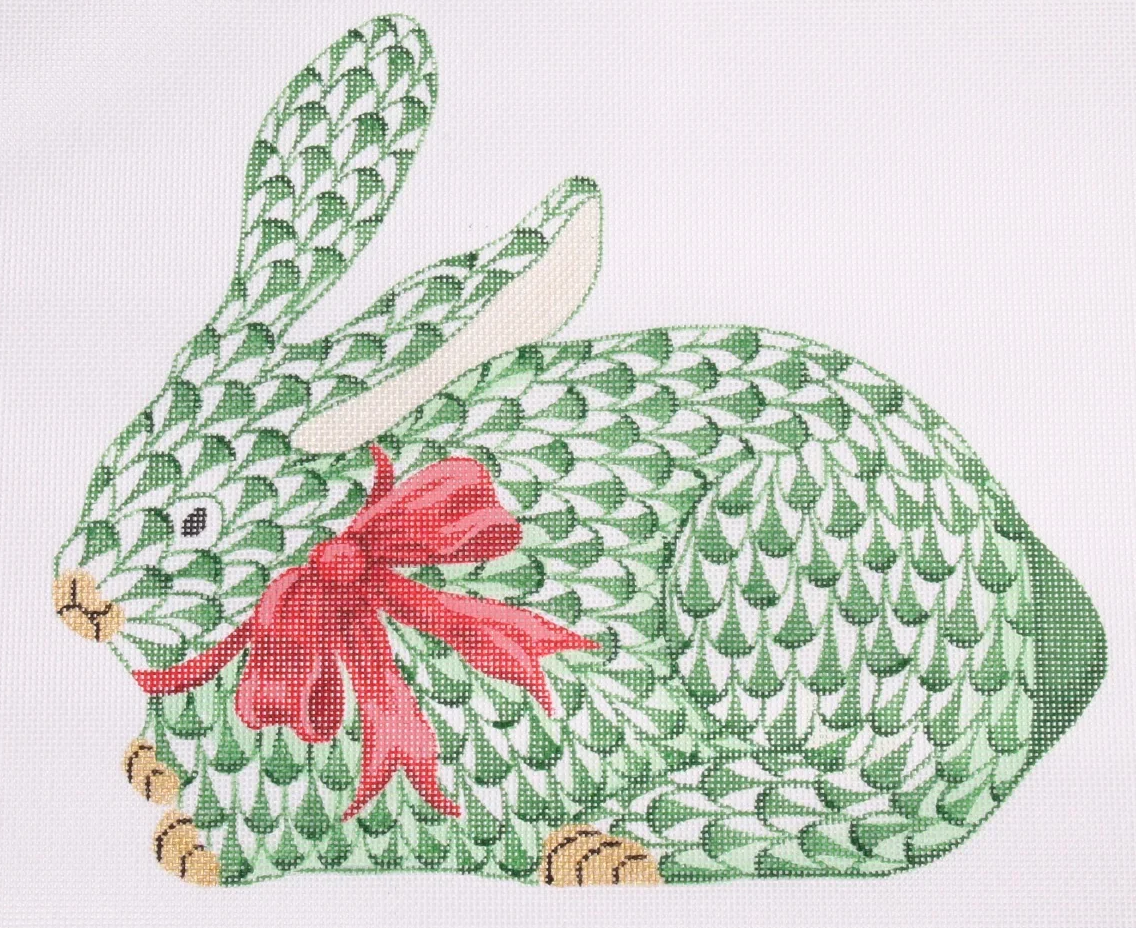 Herend Fishnet Crouching Bunny Emerald Green w/Red Bow