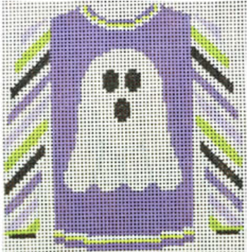 ghost on purple sweater w/ multicolored sleeve