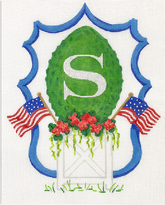 Topiary Monogram Crest 6.75x8.25 18M Kate Dickerson Needlepoint Collection