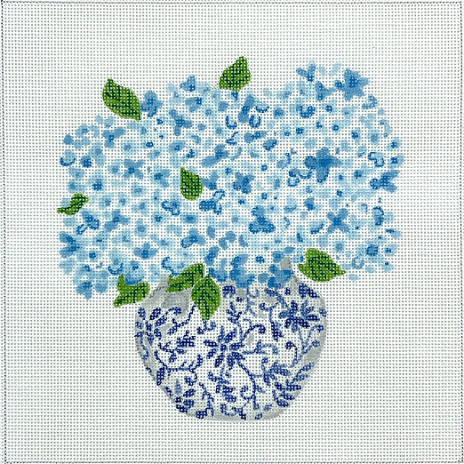 Blue Chinoiserie Pot with Blue Hydrangeas