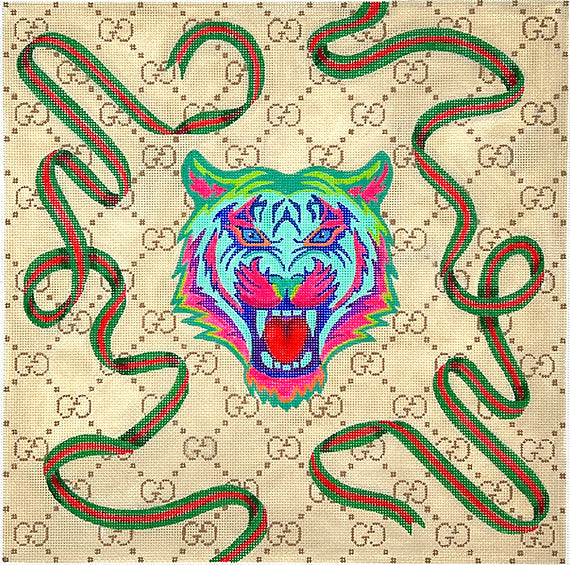 Designer Scarf Series-Gucci Tiger with Green & Red Ribbons