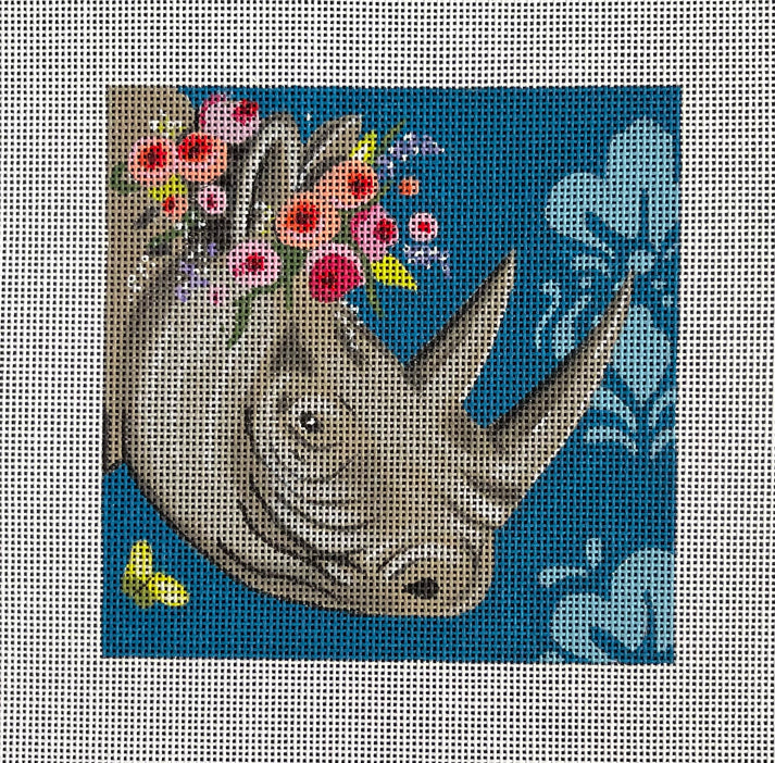 Rhinoceros On Blue w/ Floral Crown